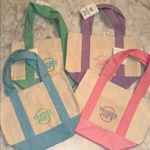 Trader Joe's Canvas Tote in Pink, Blue, Green, and Purple Bundle
